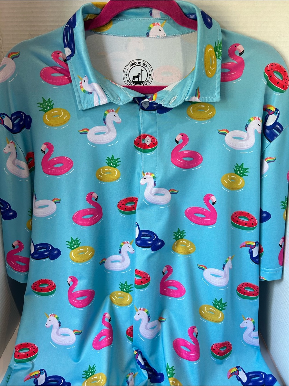 NWT Proud 90 Golf Polo Shirt Men’s Size L All Over Print Float On Blue Flamingo